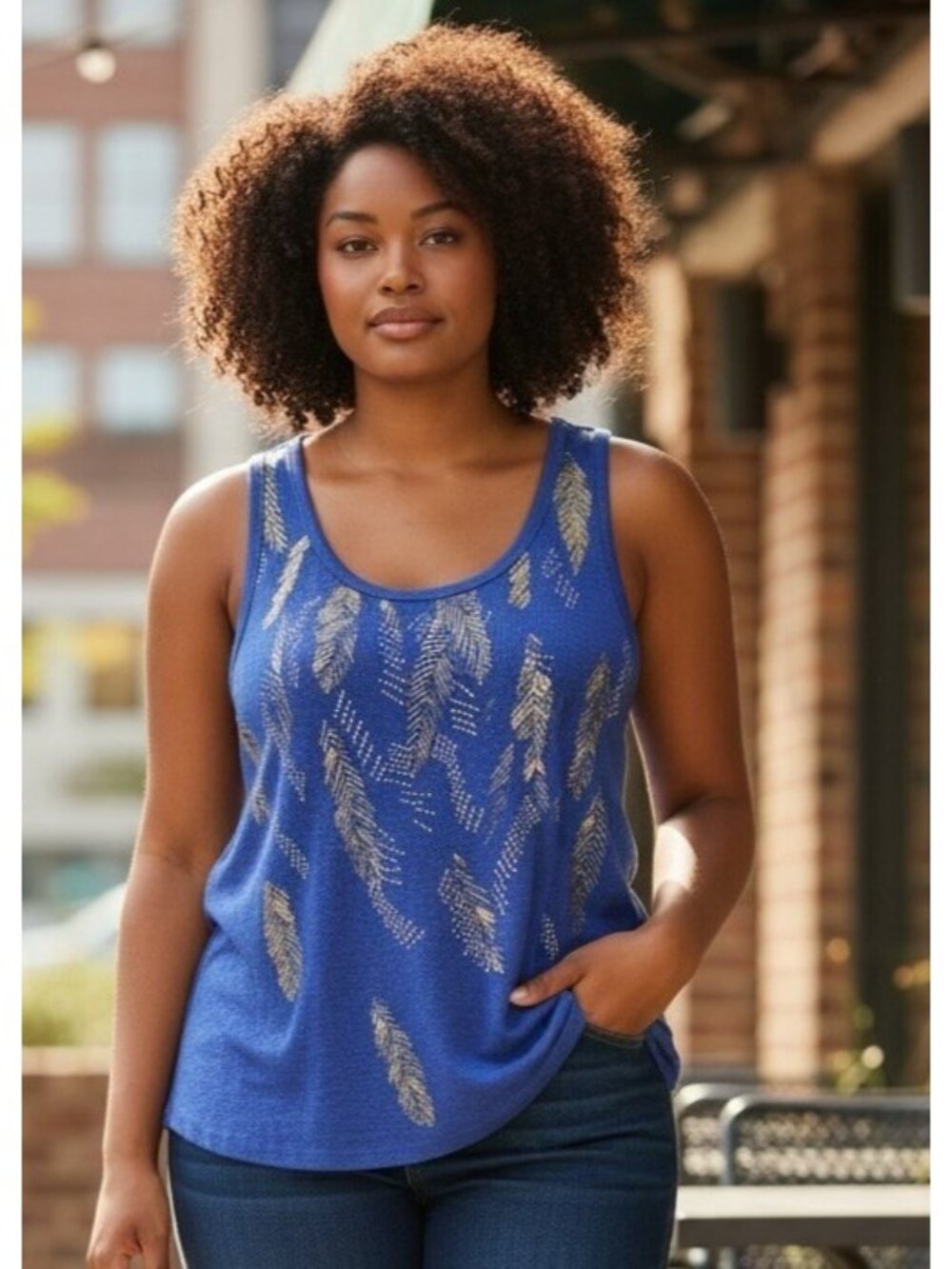 Y2K Womens Glitter Tank Top 1X (16W) Ribbed Stretch Lightweight Blue Feathers